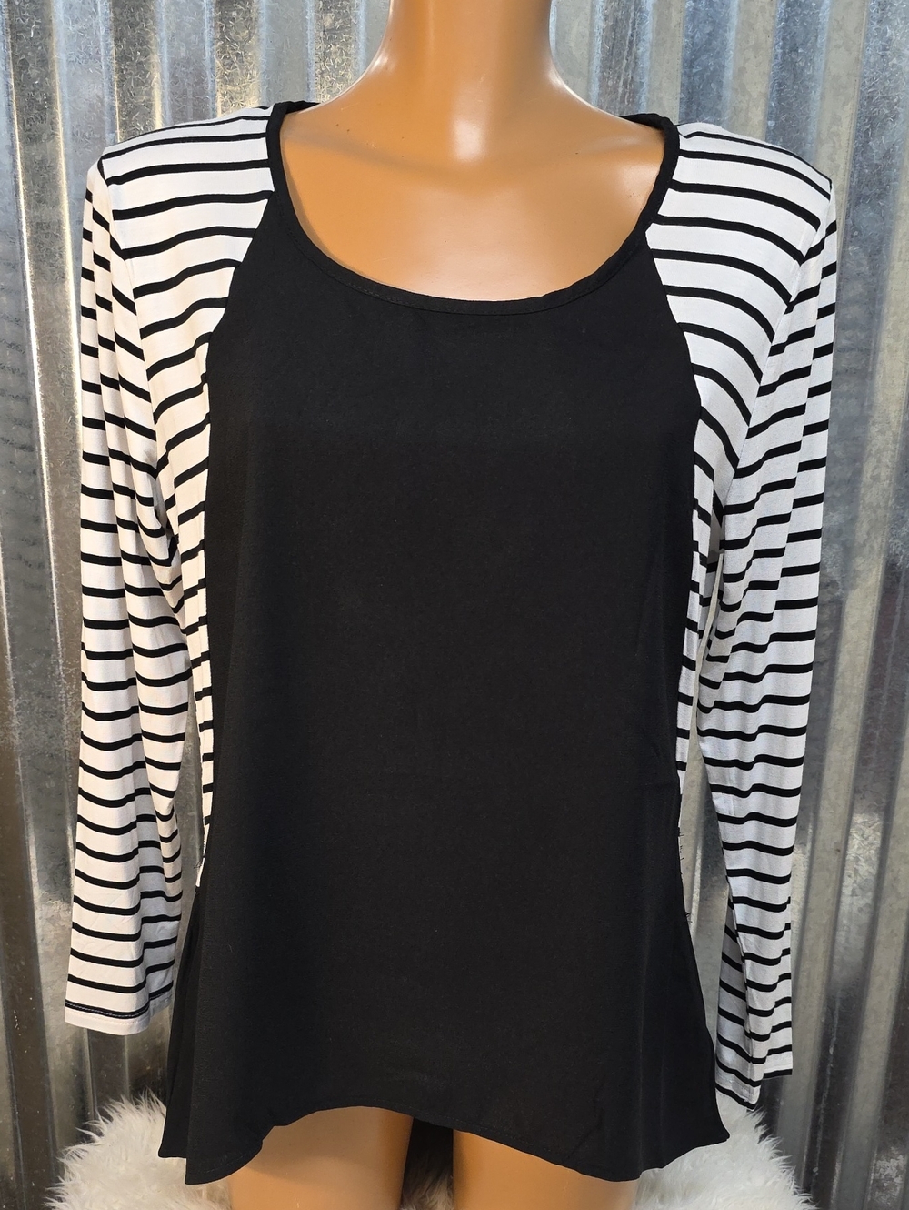 Papillon Black Scoop Neck Tunic Top with Black & White Striped Raglan Sleeves